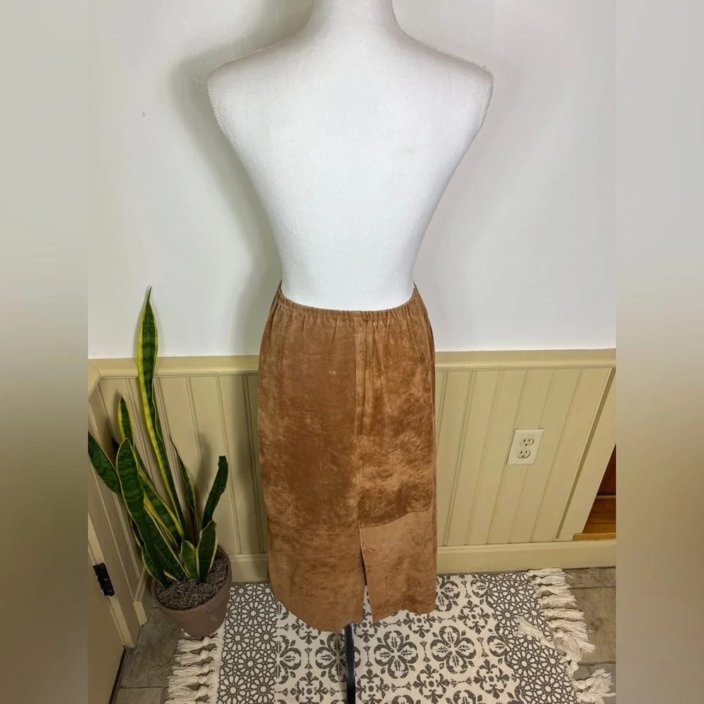 Vintage Camel Brown Suede Chic Maxi Skirt Elastic Waist Boho Casual Hippie S / M